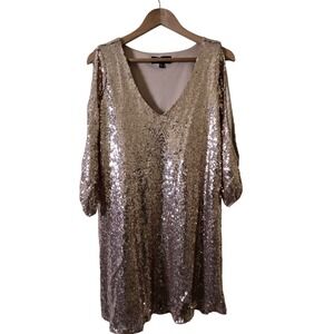 Lulus Sequin Shift Dress Womens Small Rose Gold Cold Shoulder V-Neck 66425-1